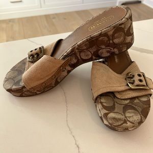 Coach Wedges Sandals Canvas Gold Buckle